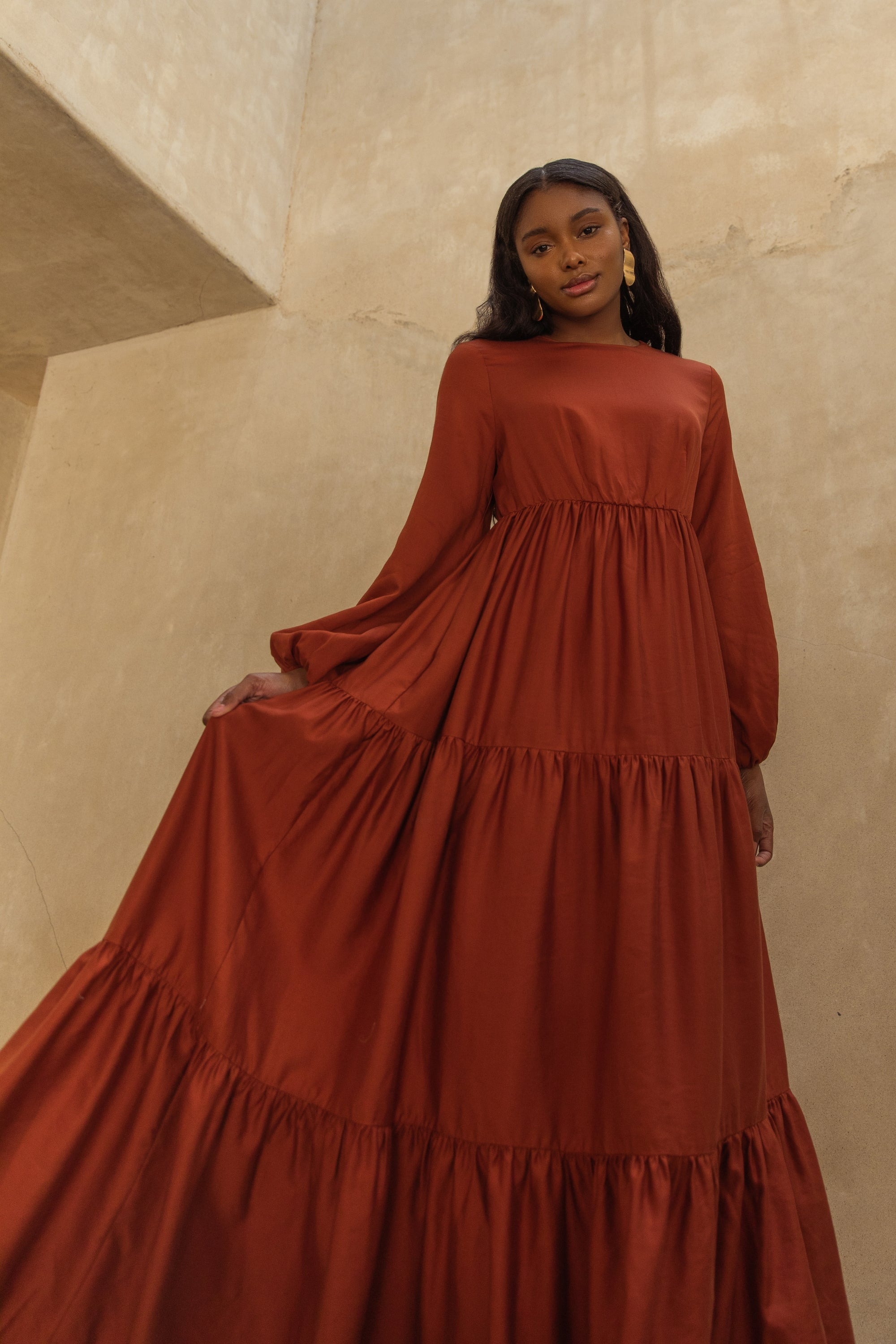 Tala Tiered Linen Maxi Dress - Baked Clay Clothing Veiled 
