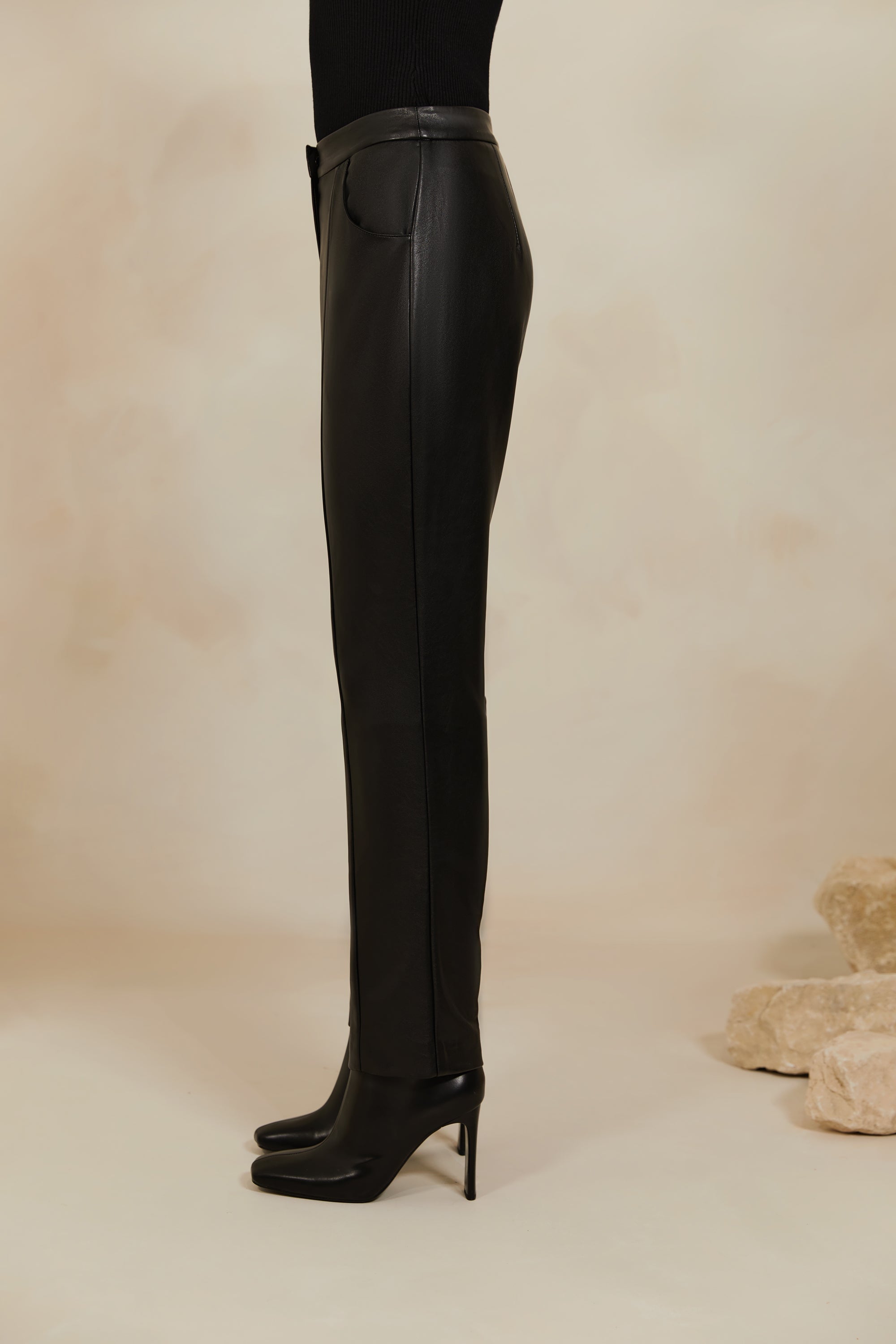 Vegan Leather Straight Leg Trousers - Black Veiled 