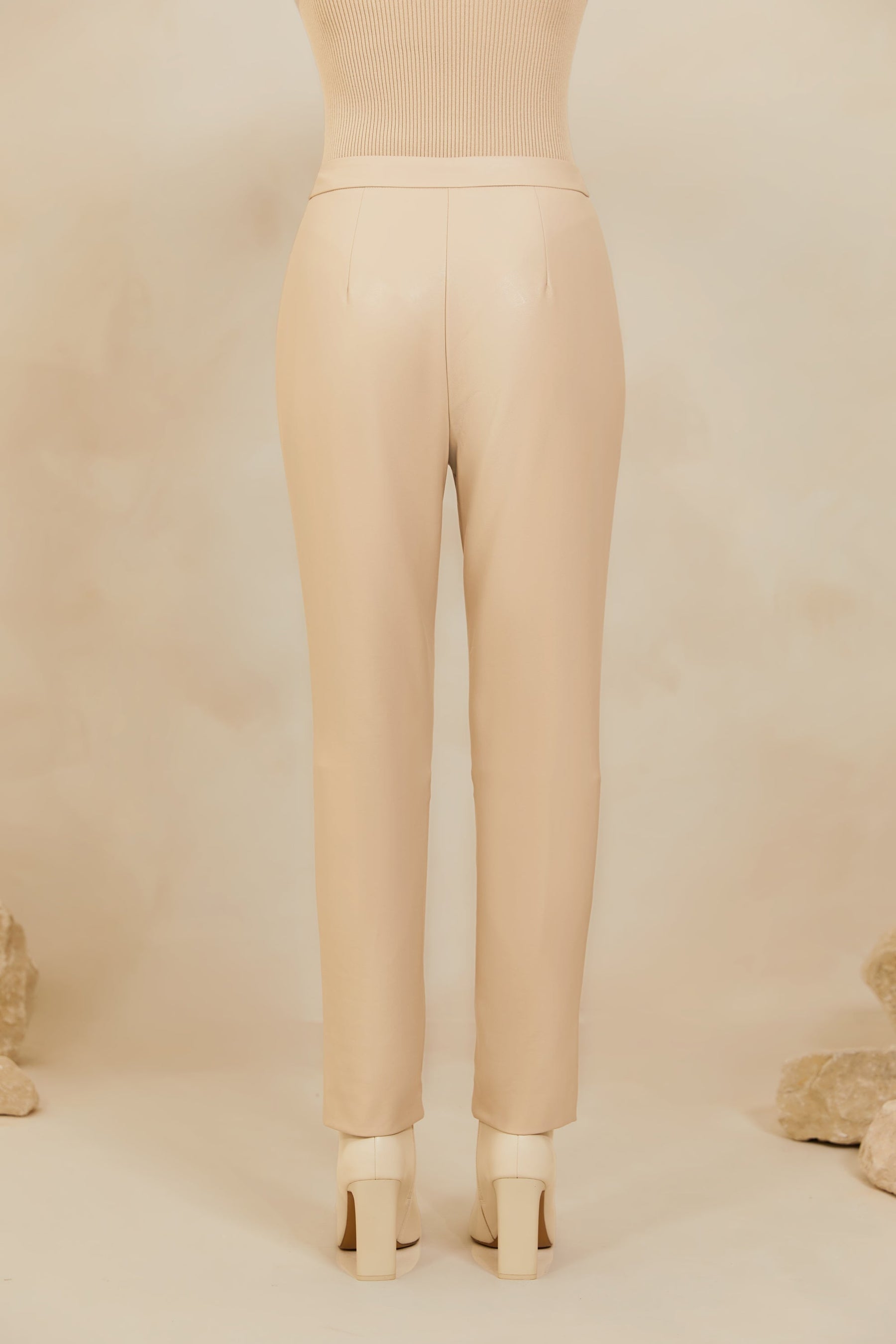 Vegan Leather Straight Leg Trousers - Soft Beige