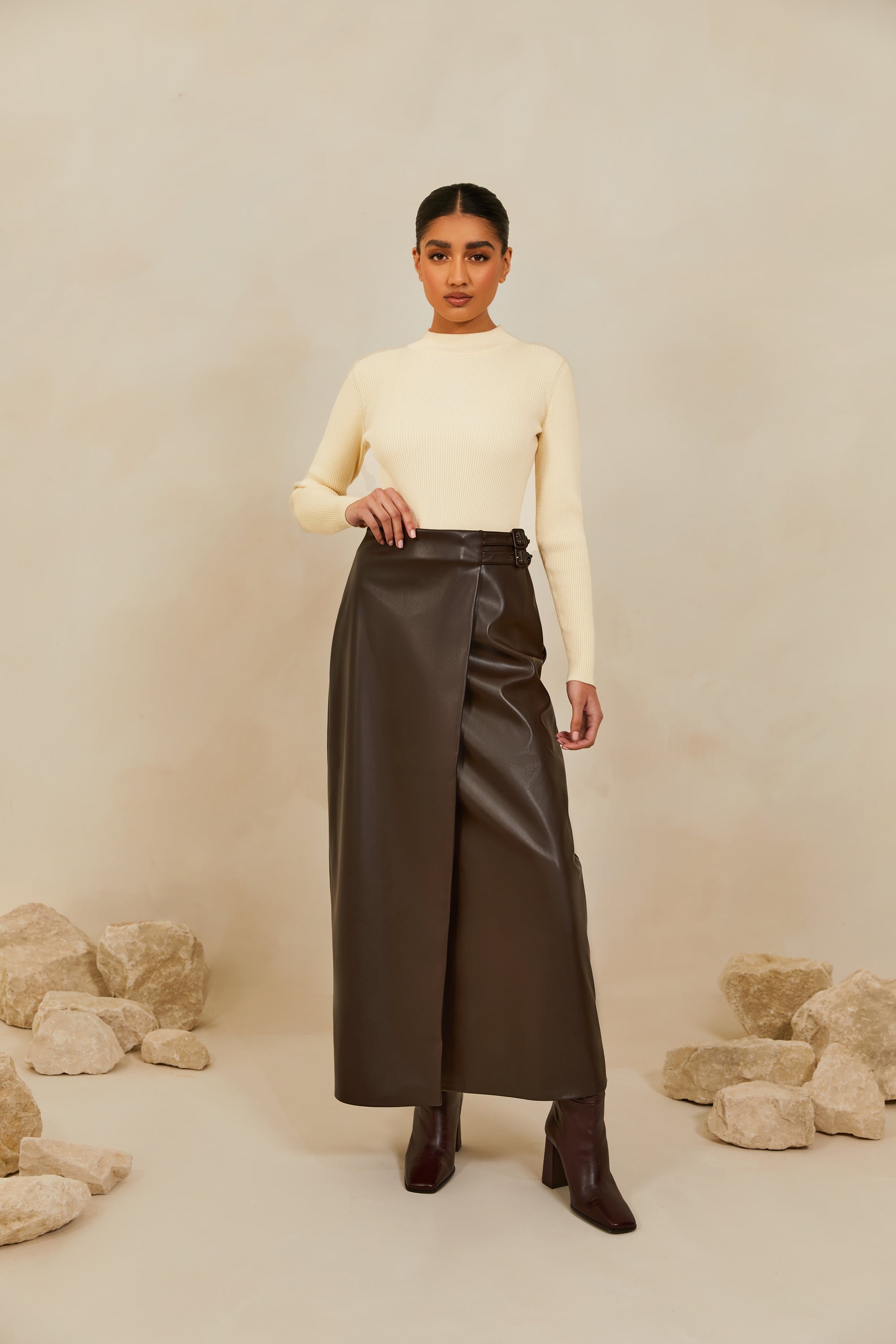 Jersey faux 2024 wrap maxi skirt