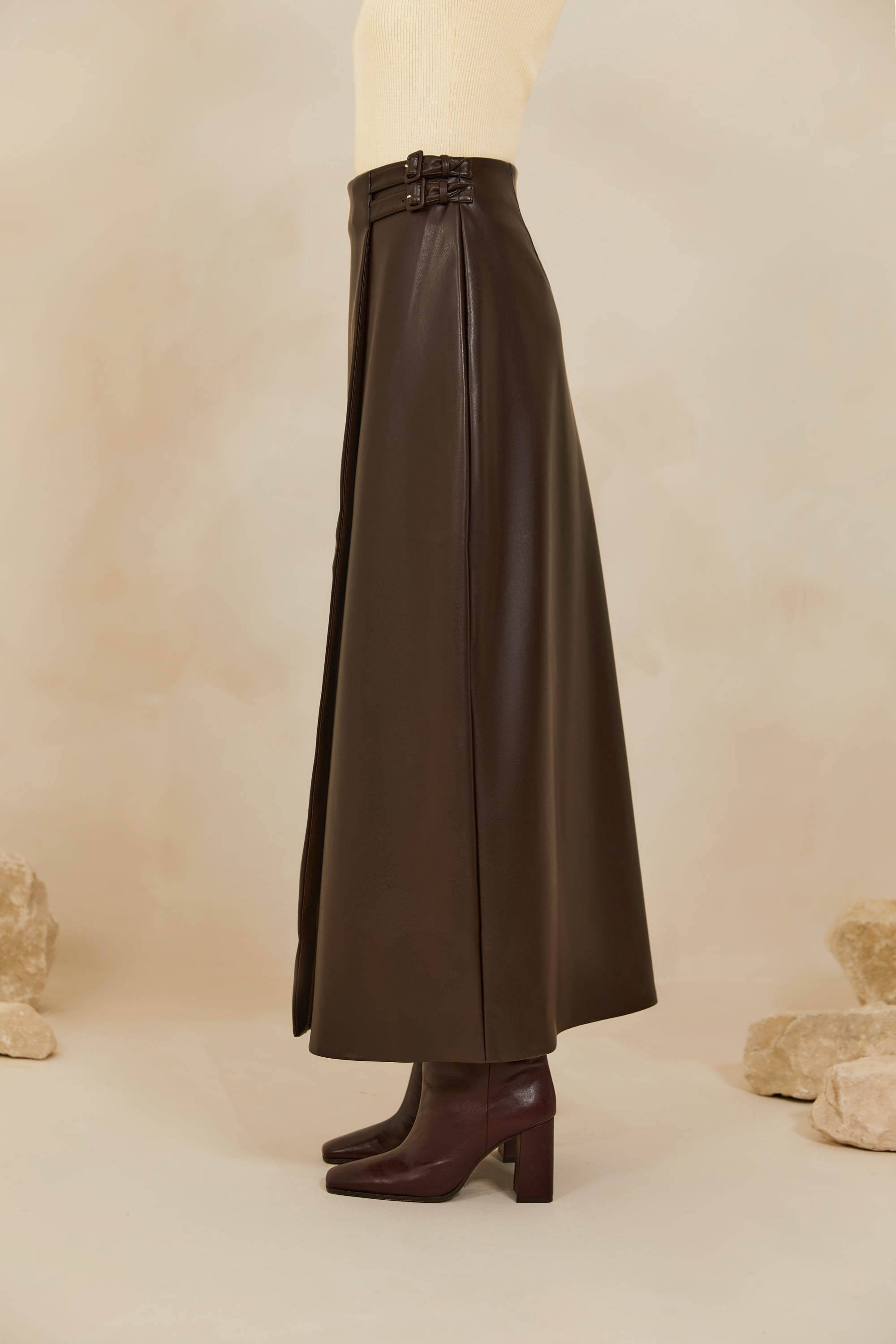 Vegan Leather Wrap Maxi Skirt Java