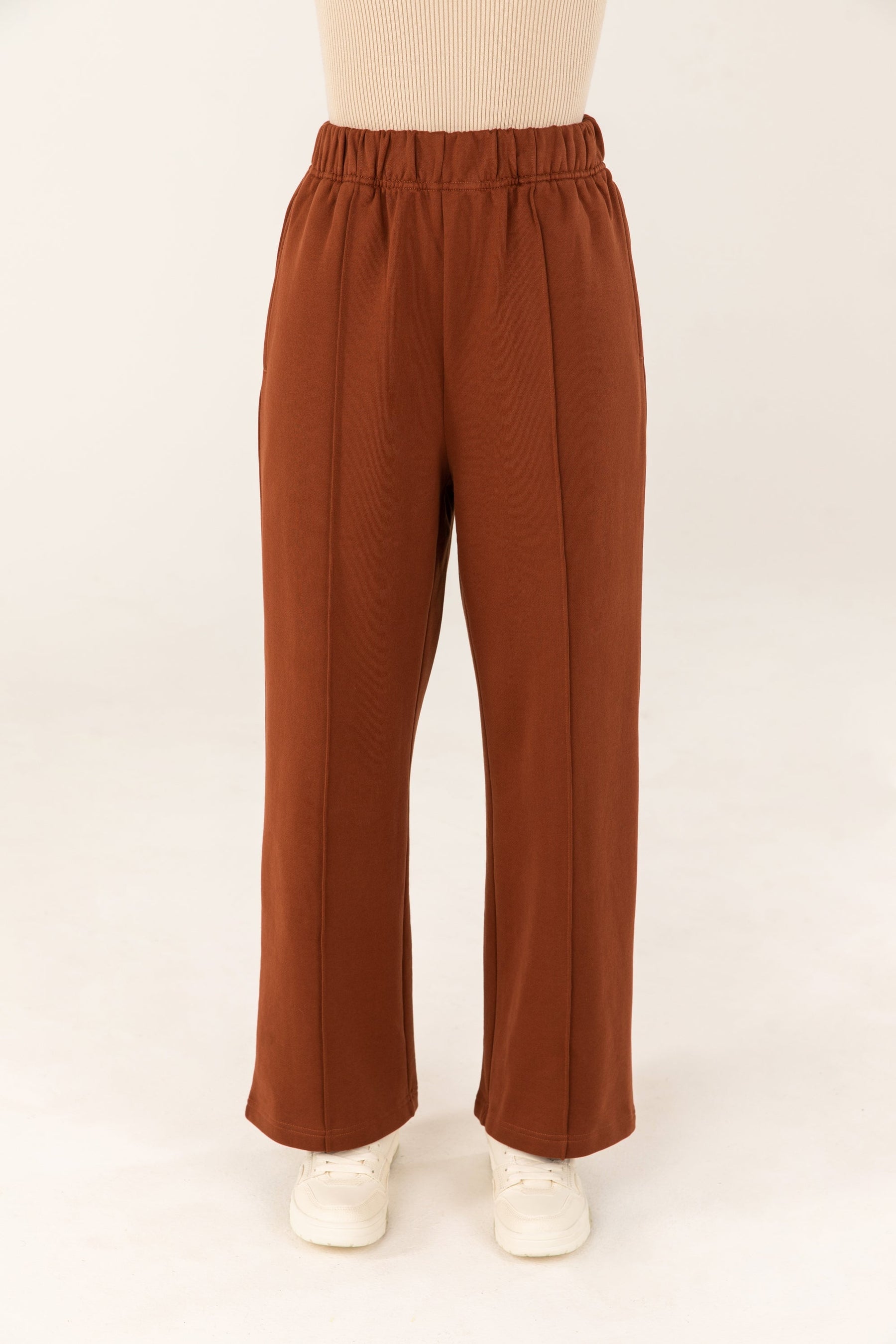 Wide Leg Seam Front Cotton Sweatpants - Brown Veiled 