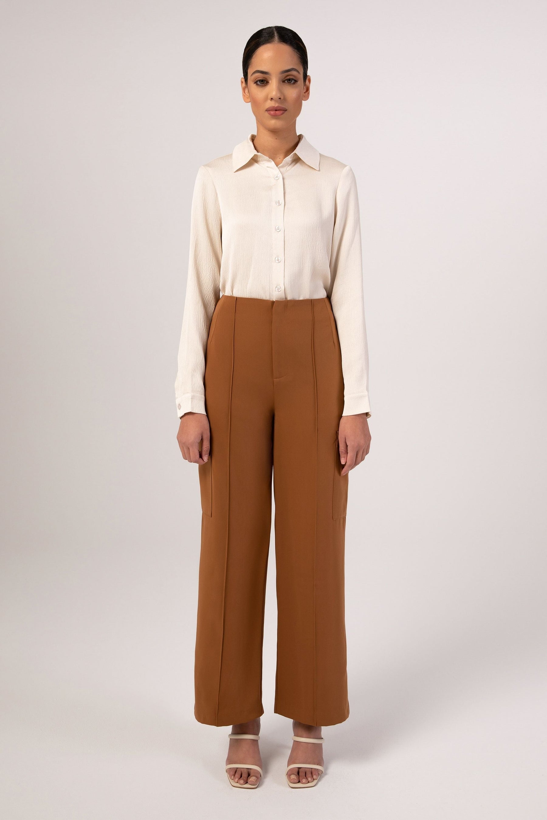 Wide Leg Utility Cargo Pants - Brown