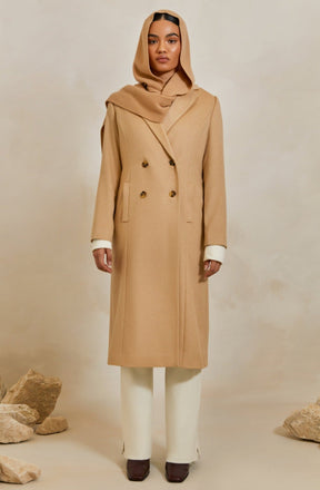 Wool Double Breasted Midi Coat - Camel Veiled 