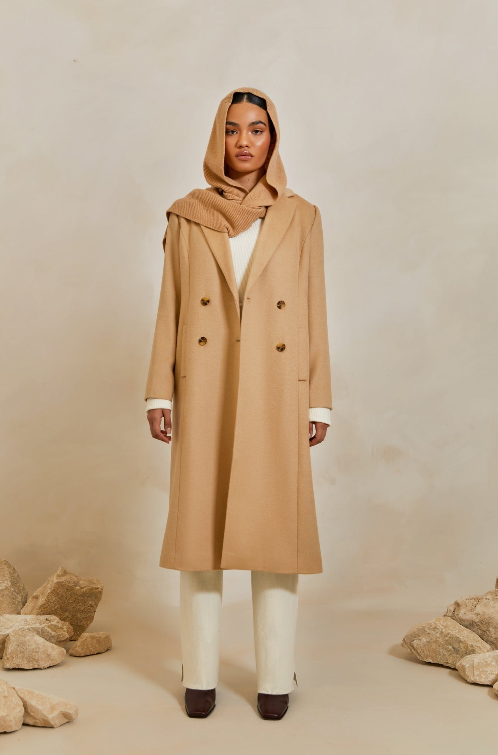 Wool Double Breasted Midi Coat - Camel