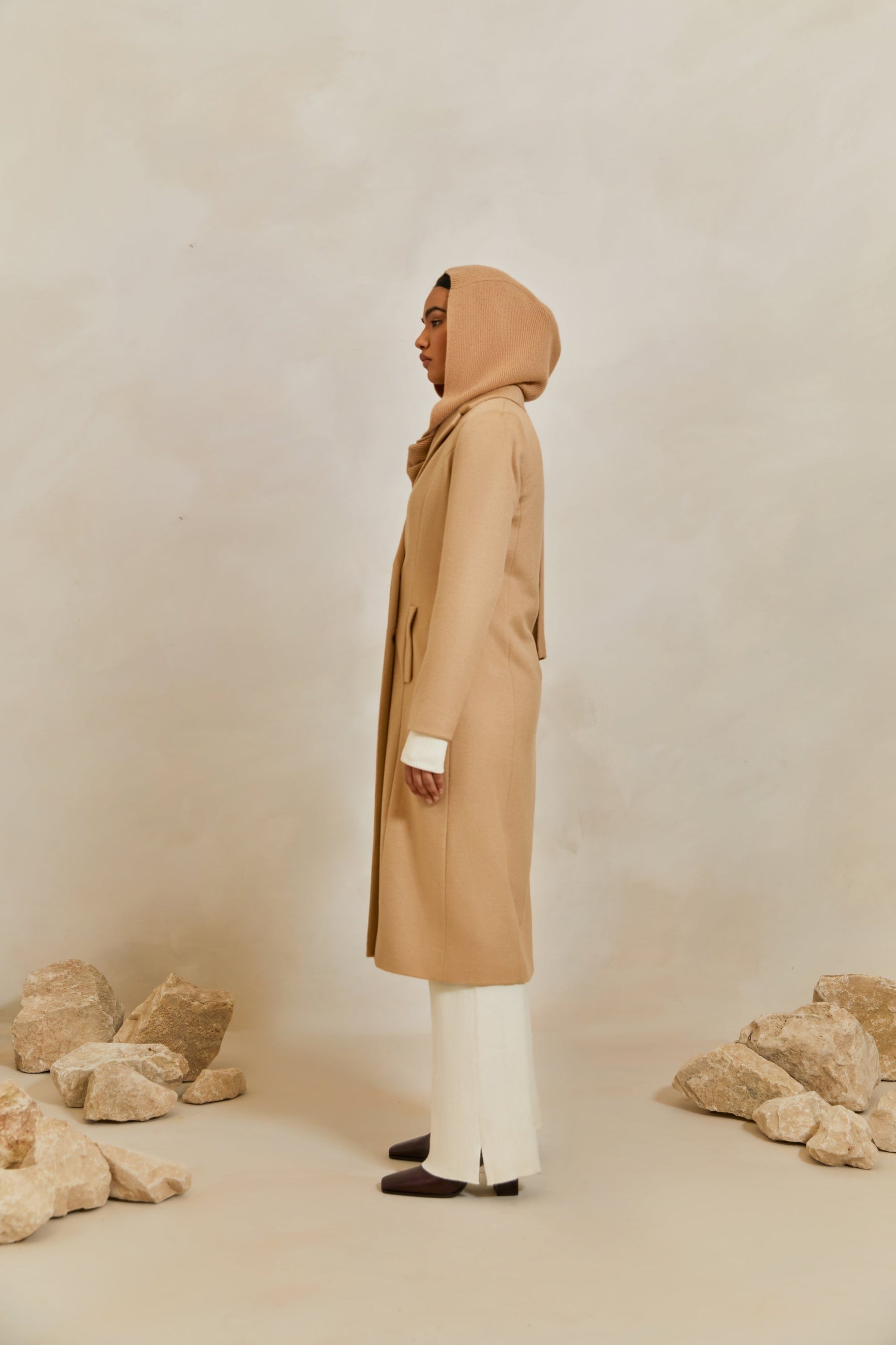 Wool Double Breasted Midi Coat - Camel