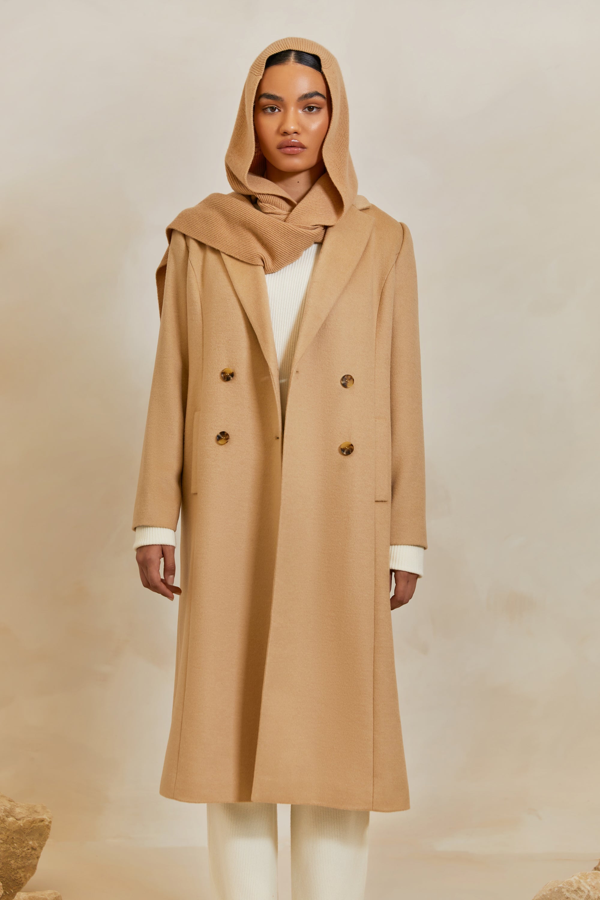 Wool Double Breasted Midi Coat - Camel Veiled 