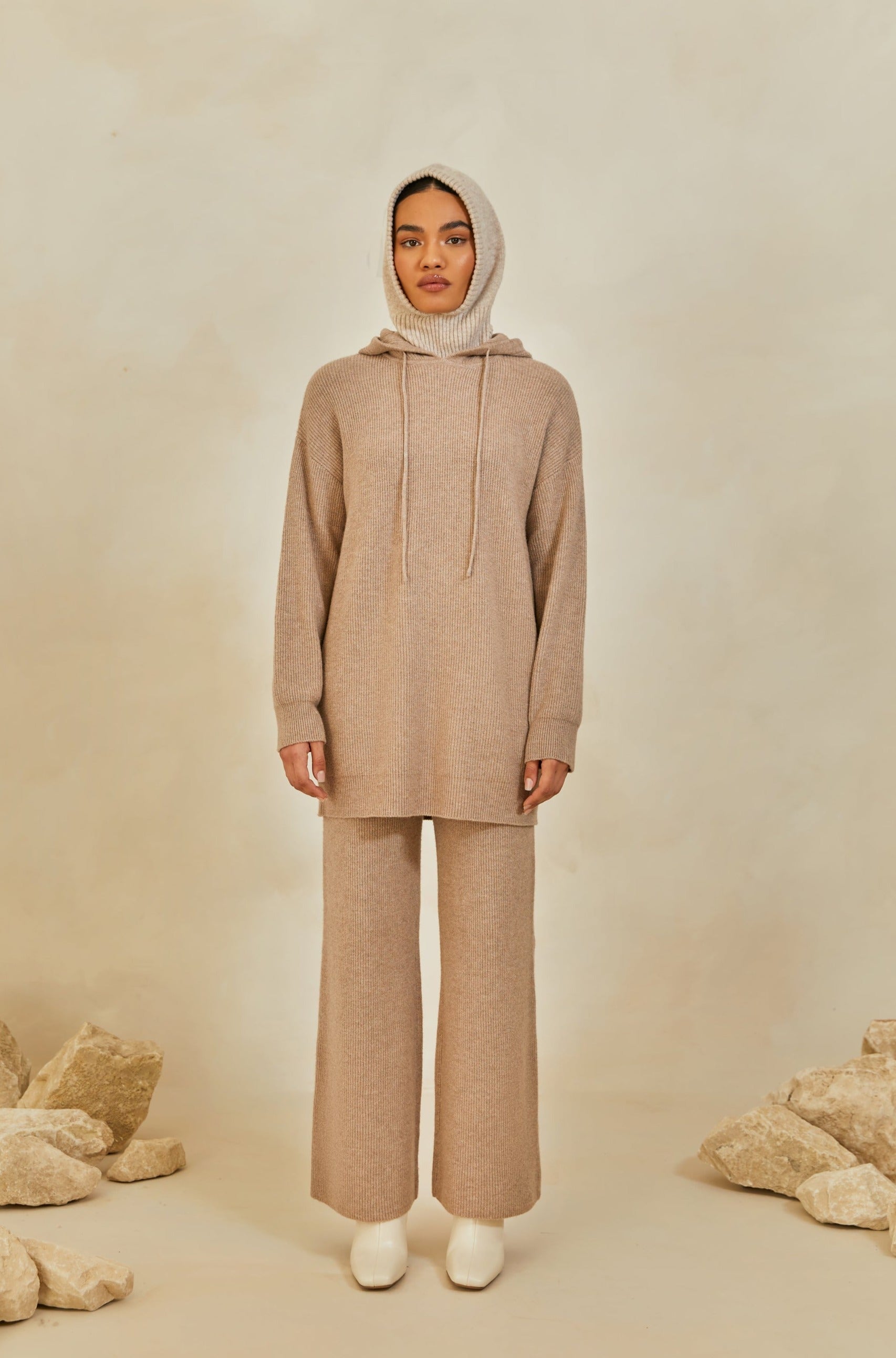 Wool Knit Wide Leg Pants - Cobblestone Veiled 