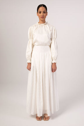 Yasmine Monochrome Floral Pleated Maxi Skirt - Off White Veiled 