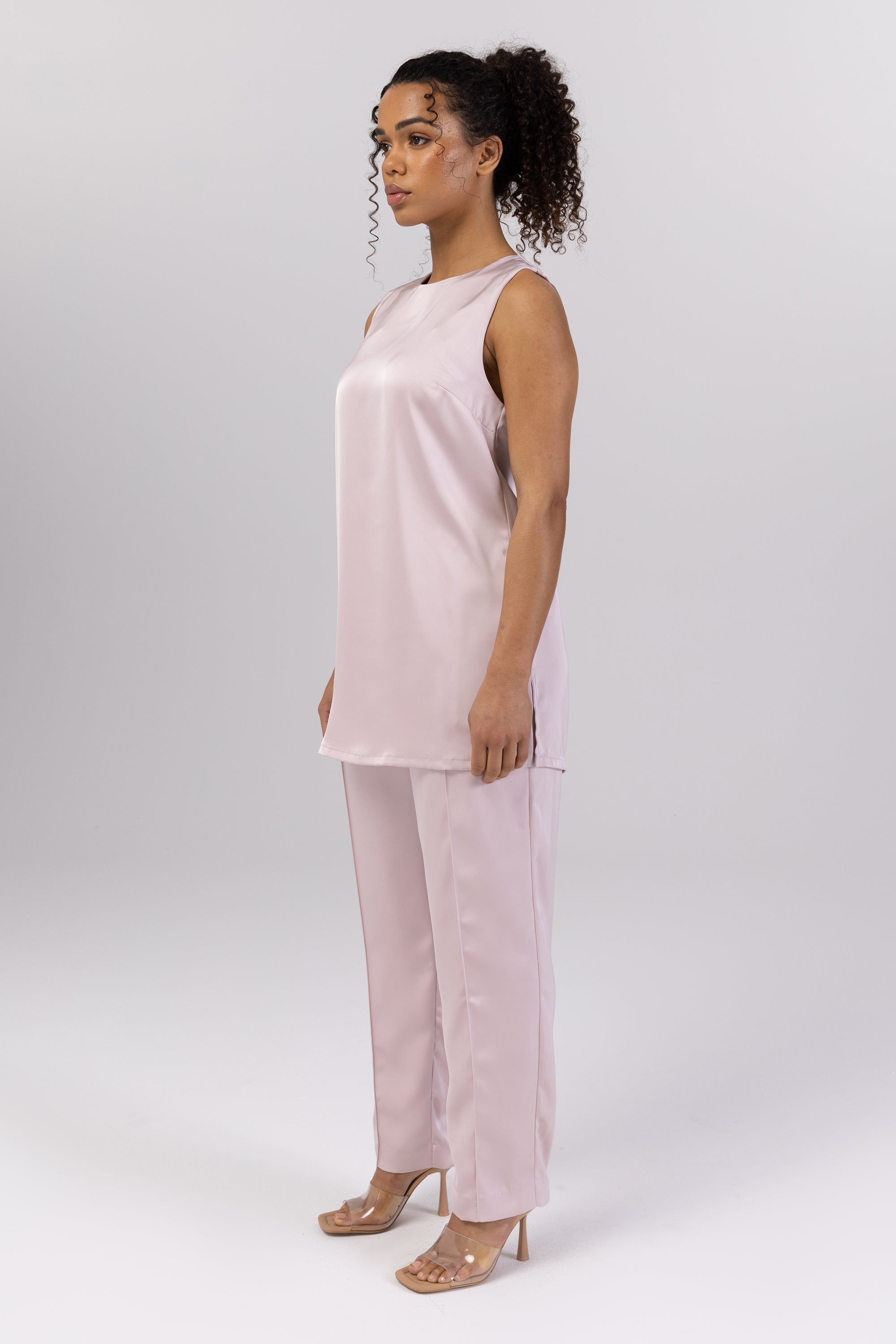 Zayna Satin High Rise Pants - Dusty Pink (Nude Ivory) Veiled Collection 