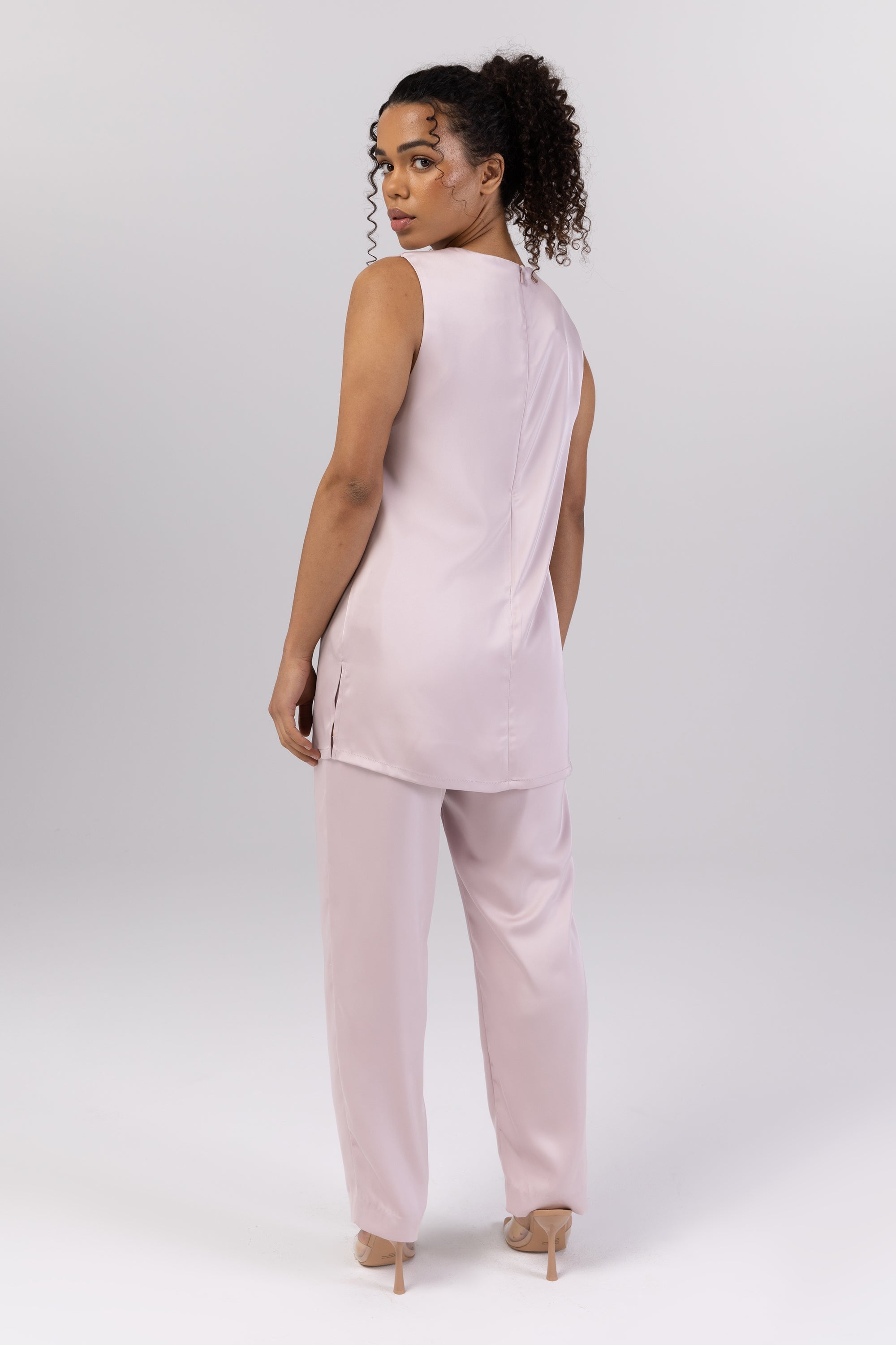 Zayna Satin High Rise Pants - Dusty Pink (Nude Ivory) Veiled Collection 
